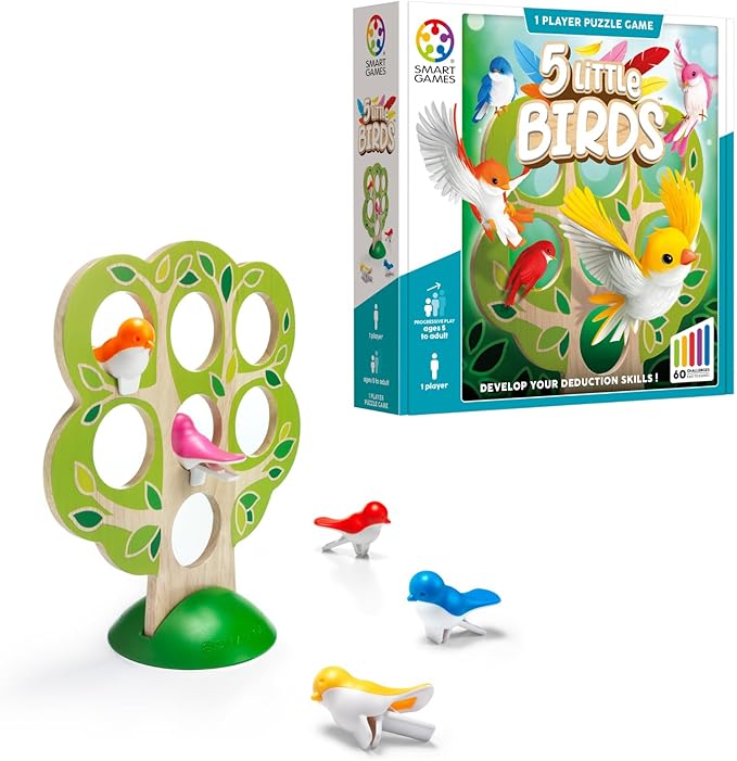 SmartGames 5 Little Birds Wooden Deduction Game for Ages 5 - Adult with 60 Challenges