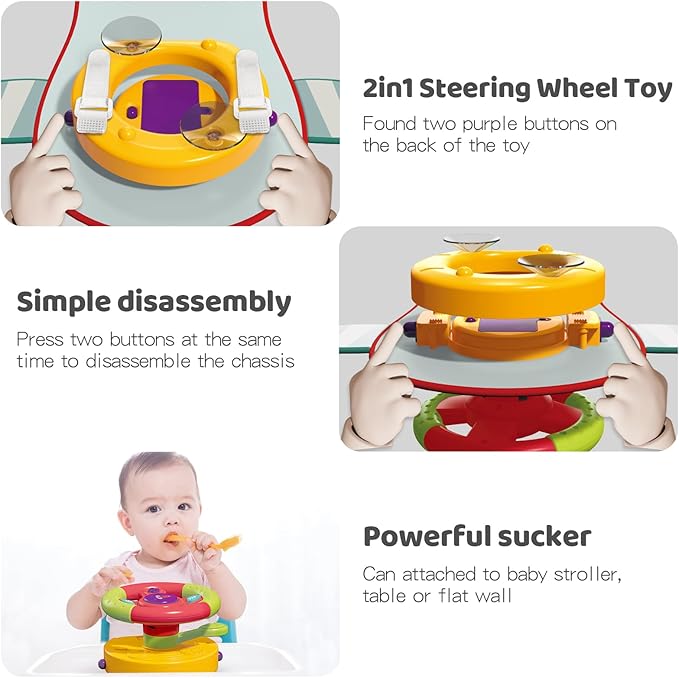 Happytime Travel Baby Toys, Interactive Dashboard Steering Wheel Pretend Play Driving Toy, Rear Car Seat Toys with Mirror 2-in-1 Baby Stroller Toy.