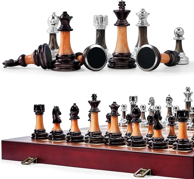 VAMSLOVE Chess Set Large 16''/42cm Folding Wooden Board with Deluxe Weighted Acrylic Chess Pieces - 3.5" King with Storage Slots for Adults House Warming Retirement Gift
