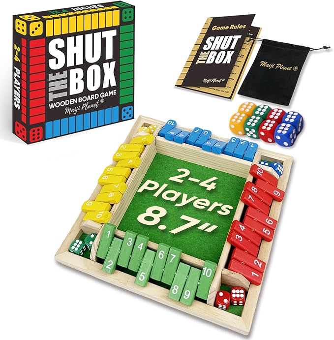 Shut The Box for 2 4 Players Math Family Game Night Quick Dice Game for Party Camp Bar Travel Class School Wooden Classic Table Top Board Game for Adults Kids Couple Elder 8.7" Portable