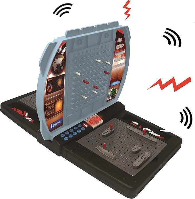 LEXIBOOK Talking Sea Battle (French, English, Spanish, Portuguese), Electronic Board Game 1 or 2 Players, Interactive, Light and Sound Effects, Strategy, batteriy Operated, Grey/Black, GT2800i1