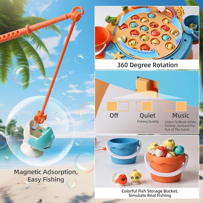 Magnetic Fishing Game Toys for Kids Include Colorful Fish,Magnetic Fish Rods,Rotating Board with Music,Interactive Fishing Toy Gift for Toddlers 3+
