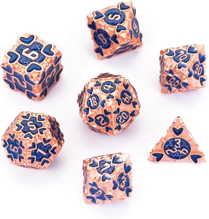DND Metal Dice 7pcs D&D Dice Set Box Suitable for Dungeons and Dragons MTR PRG Tabletop Games (Champagne-Blue)