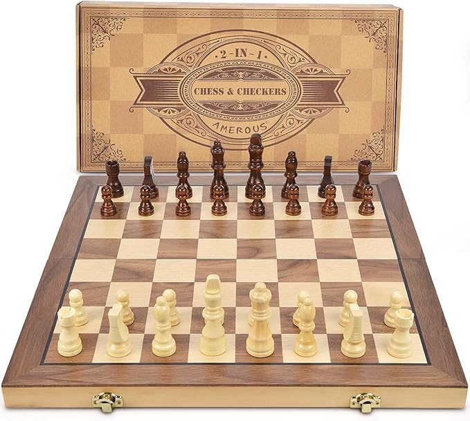AMEROUS 15'' Magnetic Wooden Chess & Checkers Game Set -2 Extra Queens -24 Cherkers Pieces - Chessmen Storage Slots, Beginner Chess Set for Kids and Adults, Classic 2 in 1 Board Games