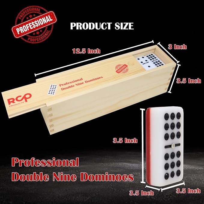 Double Nine Dominoes Professional, High Gloss Dominoes Set in Wood Box, Set of 55 Tiles Color Red