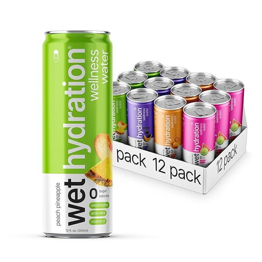 Wet Hydration, Zero Calorie, Functional Wellness Water - Variety Pack (12 Ounce Cans, 4 Flavors, Pack of 12) - Flavored Water, Hydration Drink, No Sugar, No Artificial Ingredients, Zero Calories (Packaging May Vary)