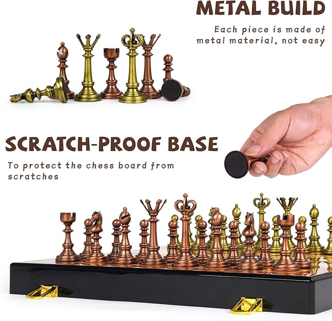 Vintage Metal Chess Set for Adults – 15" Wooden Chess Board with Metal Chess Pieces Travel Chess Set with Retro Chessmen – Collectible Elegant Chess Game – Family Vintage Board Game for Kids