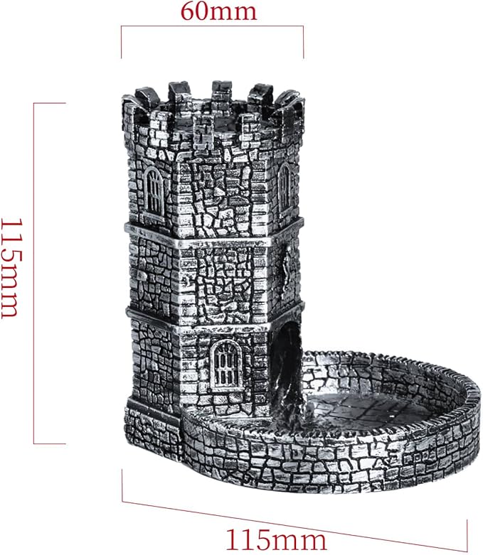 Castle Dice Tower with Tray, Wall Carving Dice Rolling Tray for Dungeons and Dragons | Easy Roller Perfect for Board Game, D&D and RPG, (Ancient Silver)