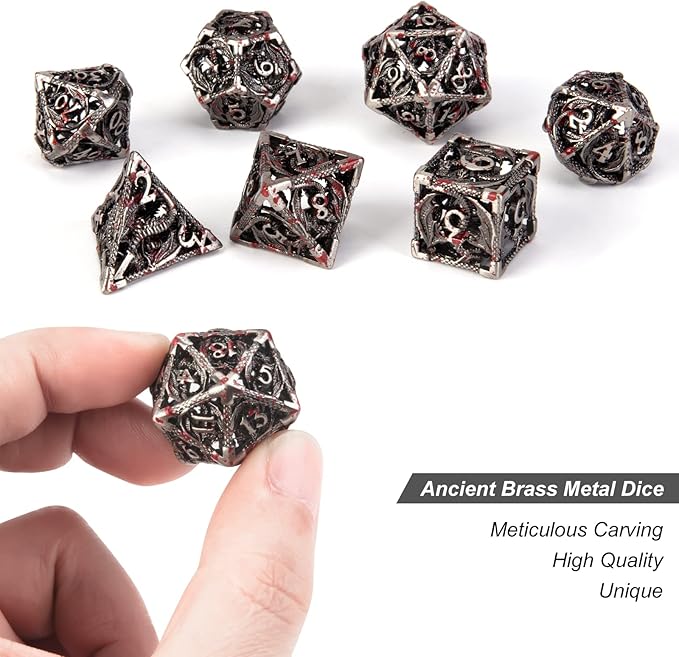 DND Dice Hollow D&D Metal Dice Dungeons and Dragons Dice Set with Gift Box 7 PCs Steampunk Polyhedral Dice Games Set for RPG,MTG,Pathfinder,(Dragon Blood Spattered)