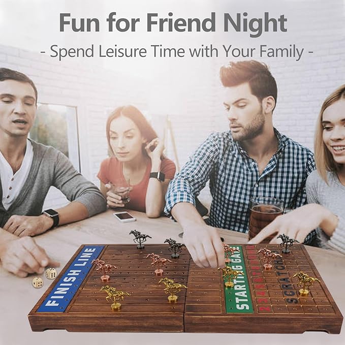 Wooden Finish Line Horse Racing Board Game Equipped with 11 Luxury Metal Craft Horses Adult Chessboard Including 2 Dice and 2 Boxes of Cards Folding Box Game Board(Flame)
