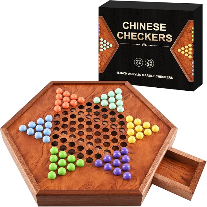 Large 15" Chinese Checkers Board Game for 2-6 Player Wooden Game Board, 16mm 60+12 Colorful Acrylic Marbles, Easy Grasping for Adults and Kids, with Storage Drawer, Fun for Family Gathering