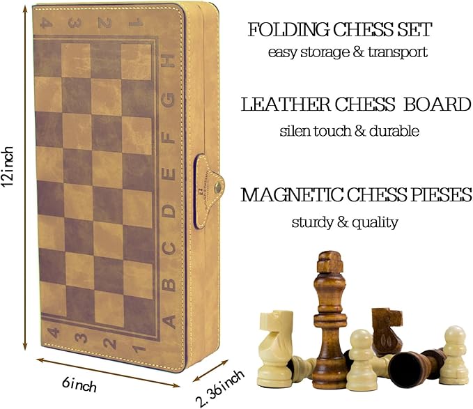 Chess Set - 12inch Leather Chess Set for Kids and Adults Magnetic Chess Borad Unique Design Chess Game Choice for Kids and Adults