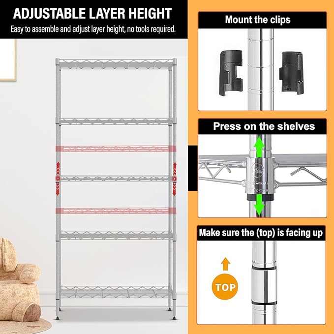 5-Tier Shelves Height Adjustable Storage Shelves Shelving Unit 21”Dx11”Wx48”H Wire Shelving NSF Certified Storage Shelf with Leveling Feet for Home Kitchen Garage, Chrome