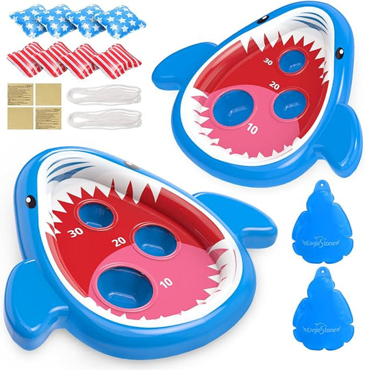 Eaglestone 2 PCS Pool Shark Cornhole Toys for Kids, Inflatable Swimming Pool Toys for Adults Family, 8 Bean Bags Toss Game w/Sandbag Anchor, Floating Outdoor Beach Toys for Pool Game Party, Water Toy