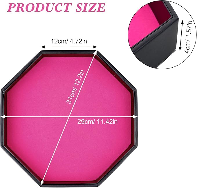Dice Rolling Tray, Pink Felt Lined PU Leather Octagon Dice Tray for Dungeon Crawler Games
