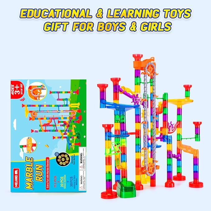 247Pcs Marble Run with Motorized Elevator, Construction Building Blocks Toys with 30 Glass Marbles and 30 Glow in The Dark Marbles, STEM Gifts for Boys and Girls