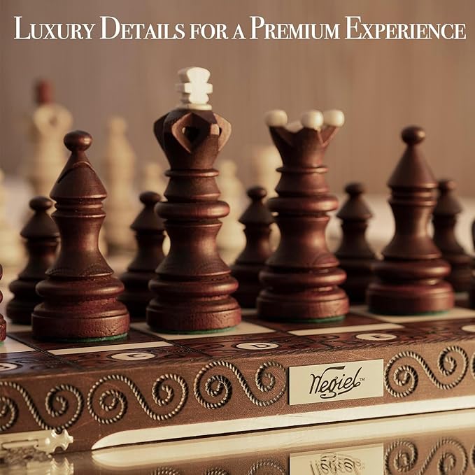 Wegiel Imperator 21-Inch Luxury Wooden Chess Set for Adults and Kids - Handcrafted from Premium Beech and Birch Wood - Unique Folding Design with Chess Piece Storage, Brown