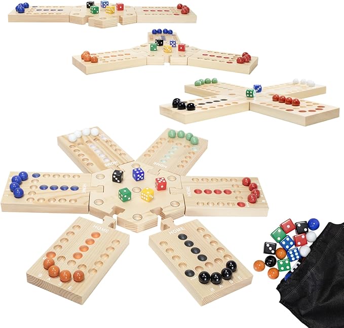 JEVERGN Marble Board Game Set, Portable Fast Track Game, Wooden Board Games for 2-6 Players, with 36 Marbles and 12 Dice (6 Colors) for Family Friends, Party Game Night