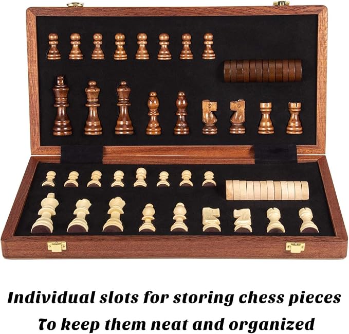 AMEROUS 15 Inches Magnetic Wooden Chess & Checkers Set (2 in 1) - Folding Board -Gift Box Packed -24 Cherkers Pieces -2 Extra Queens, Beginner Chess Set for Kids and Adults