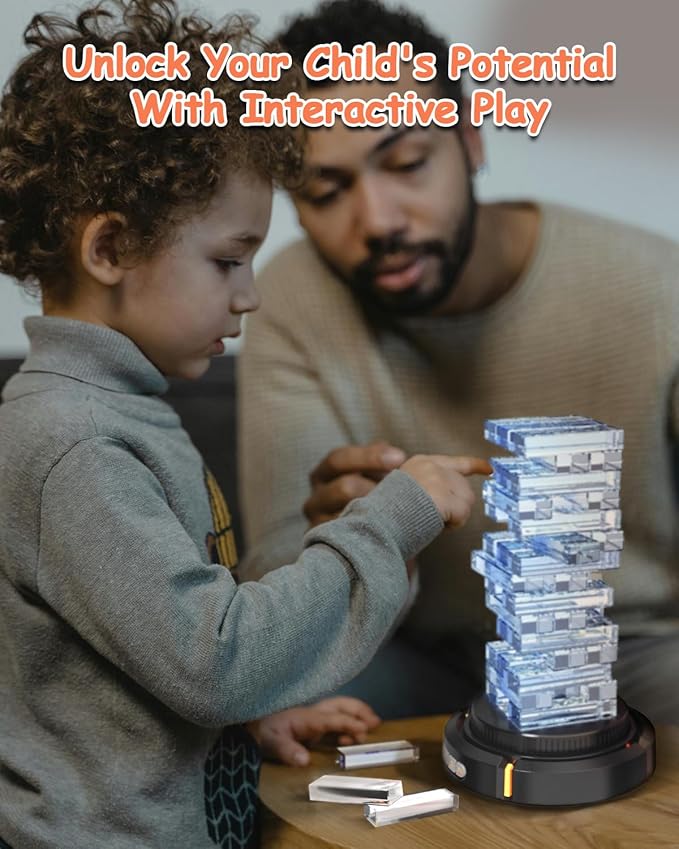 Glow in the Dark Tumbling Tower Game, Rotatable Base and Pickup Lights, Acrylic Blocks, Glowing RGB Stacking Game for Adult Kid, Indoor Board Game for Family Nights Party, Gift for Birthday Christmas