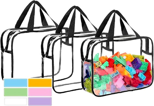 Clear Storage Bag with Zipper - Organizing Bags for Home Travel with Handles - for Building Blocks, Puzzle, Book, Board Game(Black, 3 Packs)