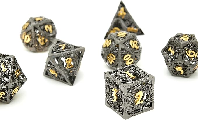 Metal DND Dragon Dice Set Dungeons and Dragons for Role Playing Games (RPG) MTG Pathfinder Tabletop Games(Black Gold)