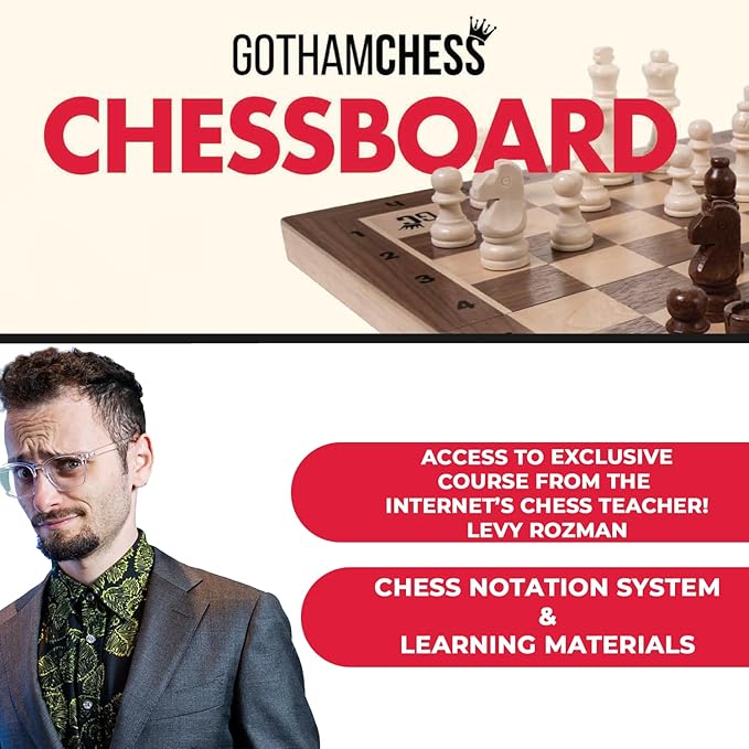 GothamChess Board- Foldable, Magnetic Pieces, Quality Wood, Fitted Storage, Includes Course by International Master Levy Rozman