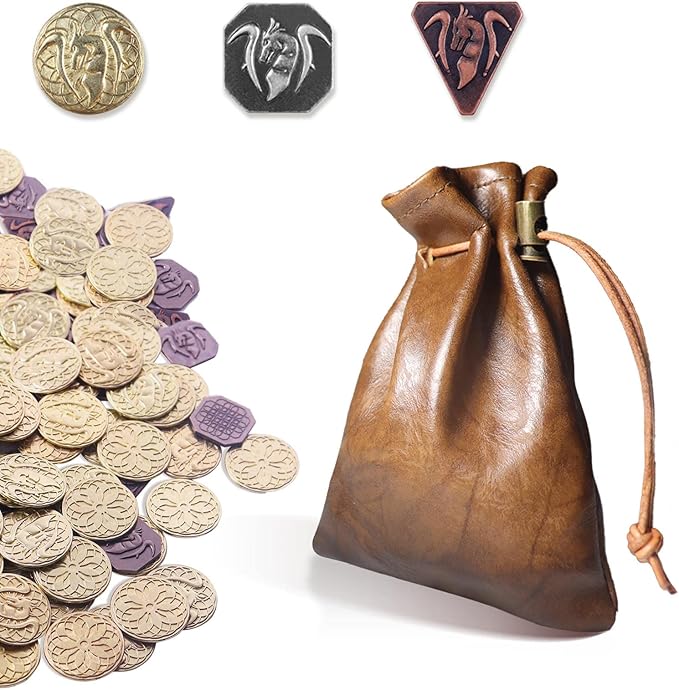 70PCS Metal DND Coins & PU Leather Bag, Contains 30 Gold, 20 Silver & 20 Copper Coins, Fantasy Board Game Tokens with Retro Leather Pouch
