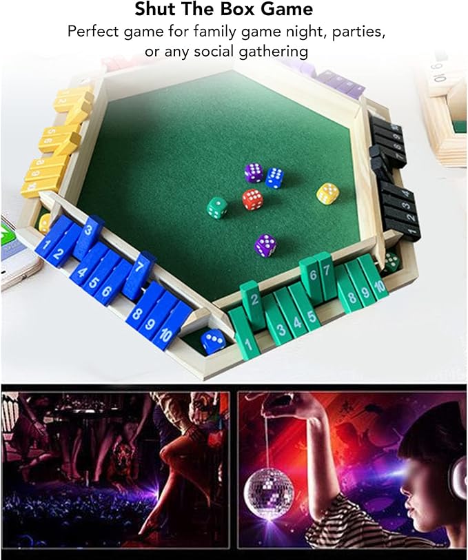 Wooden Shut The Box Dice Game for 6 Players - Multiplayer Tabletop Game with 12 Dice