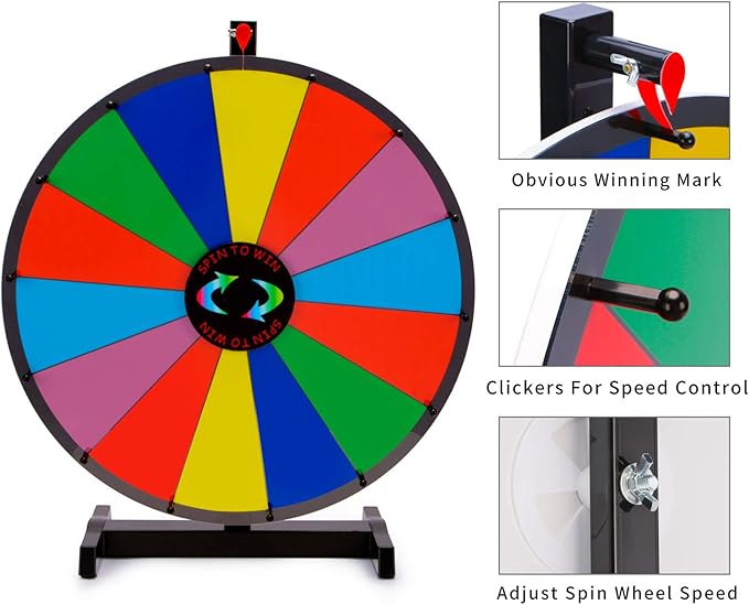 24 Inch Heavy Duty Spinning Prize Wheel - 14 Slots Color Tabletop Roulette Wheel of Fortune - Spin the Wheel with Dry Erase Marker and Eraser Win - Spinner Wheel Game for Carnival and Trade Show