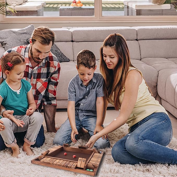 GSE Games & Sports Expert 1-4 Player Wooden Shut The Box Board Game with 8 Dice. 4-Way 12 Numbers Shut The Box Dice Set of Popular English Pub Board Game - Walnut