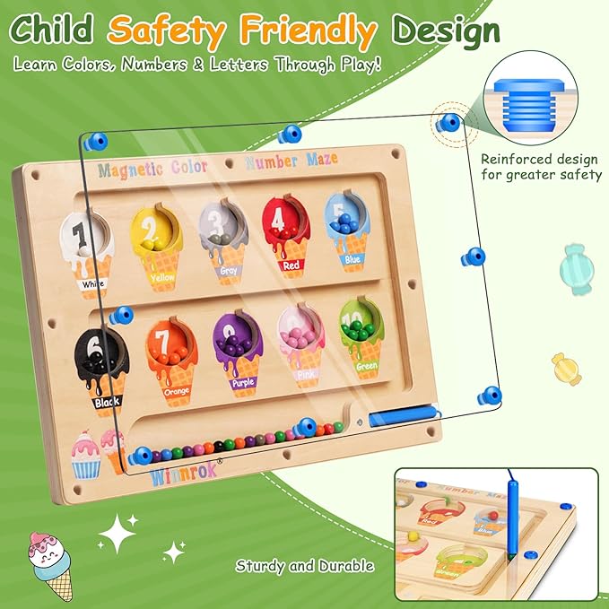 2 in 1 Double Side Magnetic Color and Number Maze, Montessori Magnetic Alphabet Maze Board Toys 3-5 Years Old, Wood Magnet Puzzle Learning Counting Matching Toys for 3 4 5 Todders Kids Girls Boys