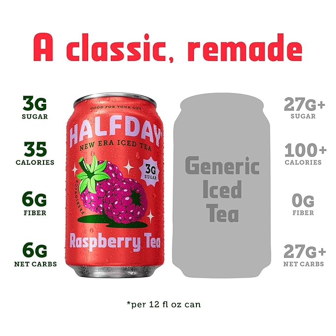 HALFDAY Prebiotic Raspberry Iced Tea Cans, Supports Digestive & Gut Health, 6g Plant Fiber & Prebiotics, Low Sugar, 35 Calories, Real Brewed Tea, Natural Caffeine, Gluten Free, 12 fl oz (12 pack) Packaging May Vary