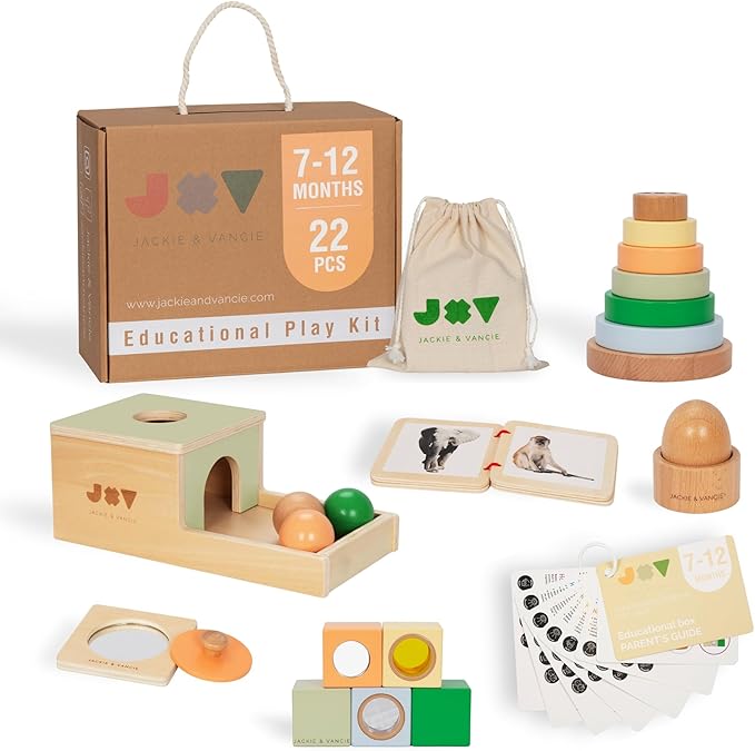 Jackie & Vancie Montessori Toy Set for Babies 7 to 12 Months, Sensory Playkit 6 in 1 Wooden Learning Toys with Object Permanence, Rainbow Stacker, Mirror Puzzle, Sensory Blocks, Egg & Cup, Wooden Book