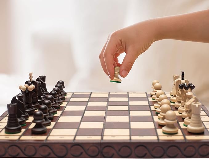 Husaria European International Chess Wooden Game Set, King's International - 14 Inches Medium Size Chess Set with Handcrafted Chessmen and Felted Folding Board