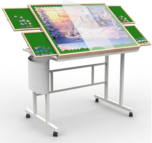 Jigsaw Puzzle Table 1500pcs,Puzzle Table with Legs and Storage Pocket,5 Adjustable Up Level Puzzle Tables for Adults with Drawers and Wheels,Wooden and Green Color