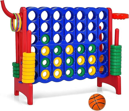 Giant 4 in a Row Connect Game, Jumbo 4 to Score Game Set w/ 42 Chess Rings, Basketball & Hoop, Toss Rings & Quick-Release Lever, Indoor & Outdoor Family Party Game for Kids & Adults, Red