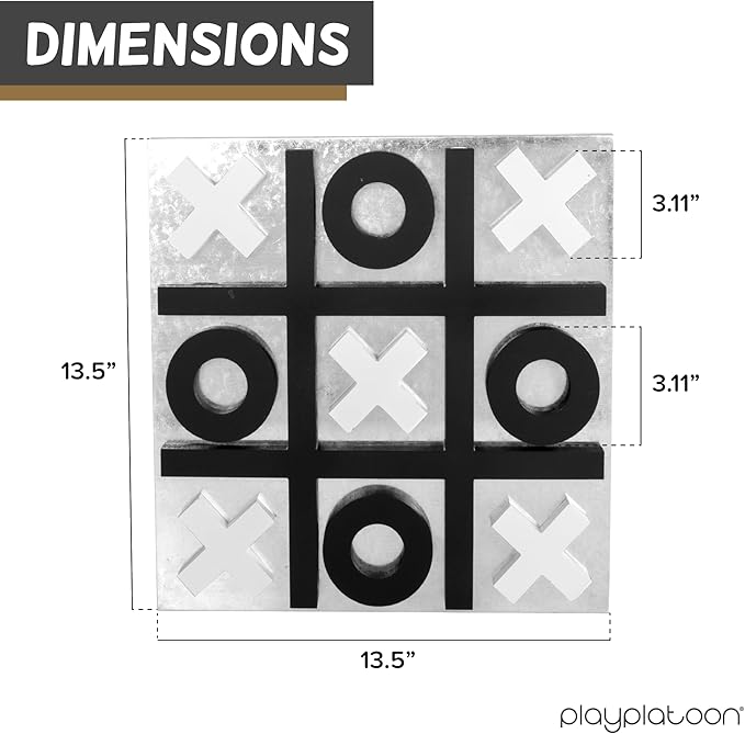 Play Platoon Magnetic Tic Tac Toe Game - Large Metal and Wooden Wall Mounted Board Games - 13.5 Inch Table Top or Wall Mounted Farmhouse Rustic for Game Room - Black & White