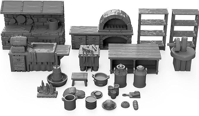 Inn and Tavern Kitchen Furniture Set DND Terrain 28mm for Dungeons and Dragons, D&D, Pathfinder, Warhammer 40k, RPG, Miniatures, Age of Sigmar, Tabletop, D and D, Dungeons and Dragons Gifts
