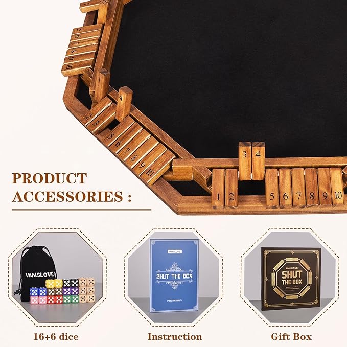 VAMSLOVE Upgraded 2-8 Players Shut The Box Dice Game-8-Way Wooden Board Table Math Game with 16+6 Dices - Close The Box Game for Kids, Adults Families Party Club (Instruction Included)