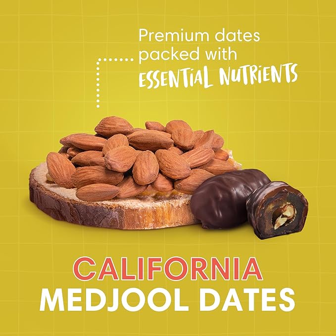 DORREL - Belgian Dark Chocolate Covered Dates (Medjool) with Salted Almonds Stuffing, High Energy Vegan Choco Snack, Delicious, Kosher & Non-GMO, Pack of 3 Stuffed Chocolate Dates, 7.05 oz / 200 g Ea