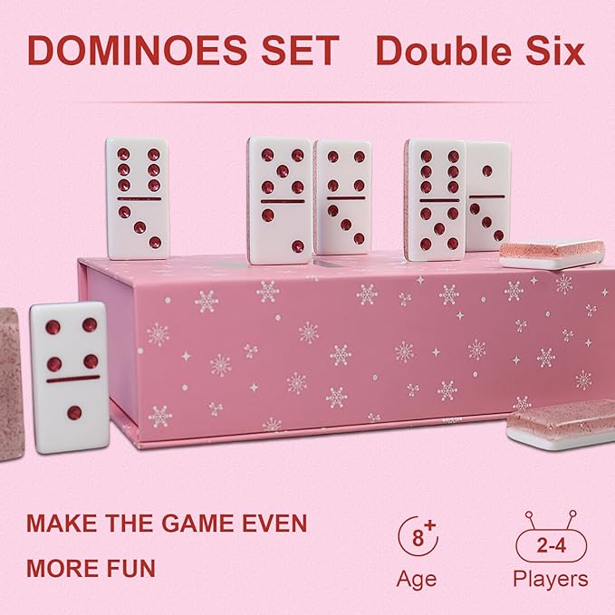 Dominoes Set for Adults, Double 6 Dominos Game Set with 28 Domino Tiles Double with Upscale Gift Boxes -7 Polyhedral Dice -Classic Board Games (Light Pink)