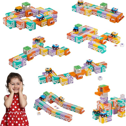 QBI Magnetic Blocks for Toddlers Ages 2-4｜STEM Magnetic Building Blocks with Trucks & Fruit Plates｜Montessori Magnet Building Cubes for Kids｜Educational Gifts for Boys & Girls Ages 2+ (32PCS)