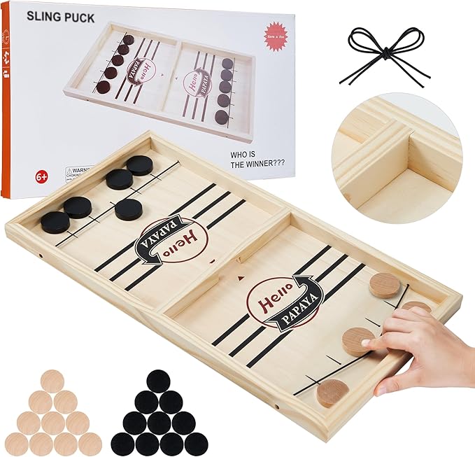 Fast Sling Puck Game - Test Your Speed and Accuracy with This Fast-Paced Wooden Air Hockey Desktop Battle Board Game - Guaranteed Fun Gifts for Family Night or Friends Party