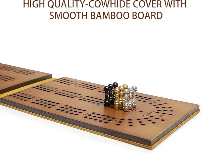 Jeereal Travel Cribbage Board Game Leather & Solid Bambo-Wood Pocket Sized Tiny Card Game Board (Bamboo|3 Tracks)