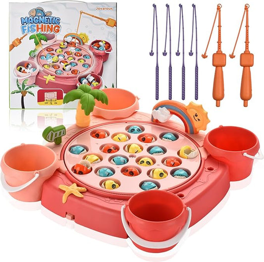 Magnetic Fishing Game Set - 21 Fish and 6 Poles, Rotating Toddler Board Games with Music Switch, Fine Motor Skills Fishing Toys for Kids and Toddlers 3 4 5 6 7 8 and Up