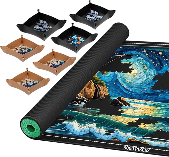 Jigsaw Puzzle Mat Roll Up, Portable Saver Pad 53” x 35” Up to 3000 Pieces, Puzzle Matt Rollup with Non-Slip Rubber Bottom & Smooth Top. (6 Sorting Trays & 1 Storage Bag)