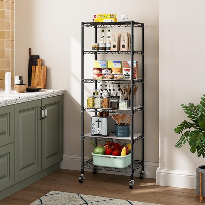 Small 6 Tier Shelves Storage Wire Shelving Unit Metal Shelf Adjustable Organizers Storage Shelving with Wheels for Bathroom Laundry Room Kitchen Pantry12”D x 18”W x 61.6”H Black
