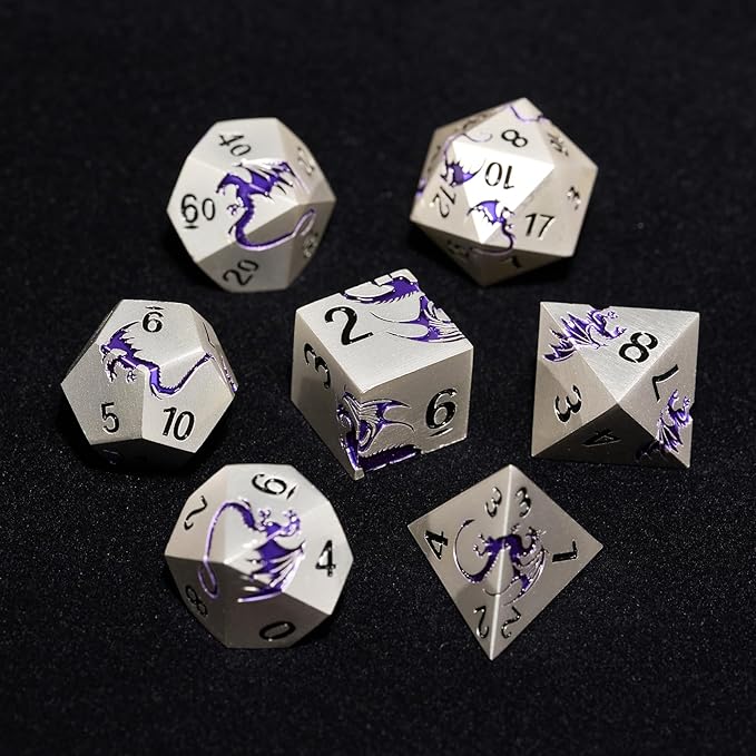 Purple Dragon Metal Dice HNCCESG 7 Piece Heavy Metallic D&D Dice Set with Dungeons and Dragon Gift Dice Box for TTRPG Tabletop Game (Matte Silver Purple)