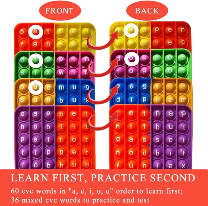 CVC Word Popper & CVC Word Flashcards, CVC Word Games, Learn to Read Fidgety Board Sight Words Phonics Reading Spelling Writing Kindergarten Learning Activity, Sensory Educational Toy for Kids